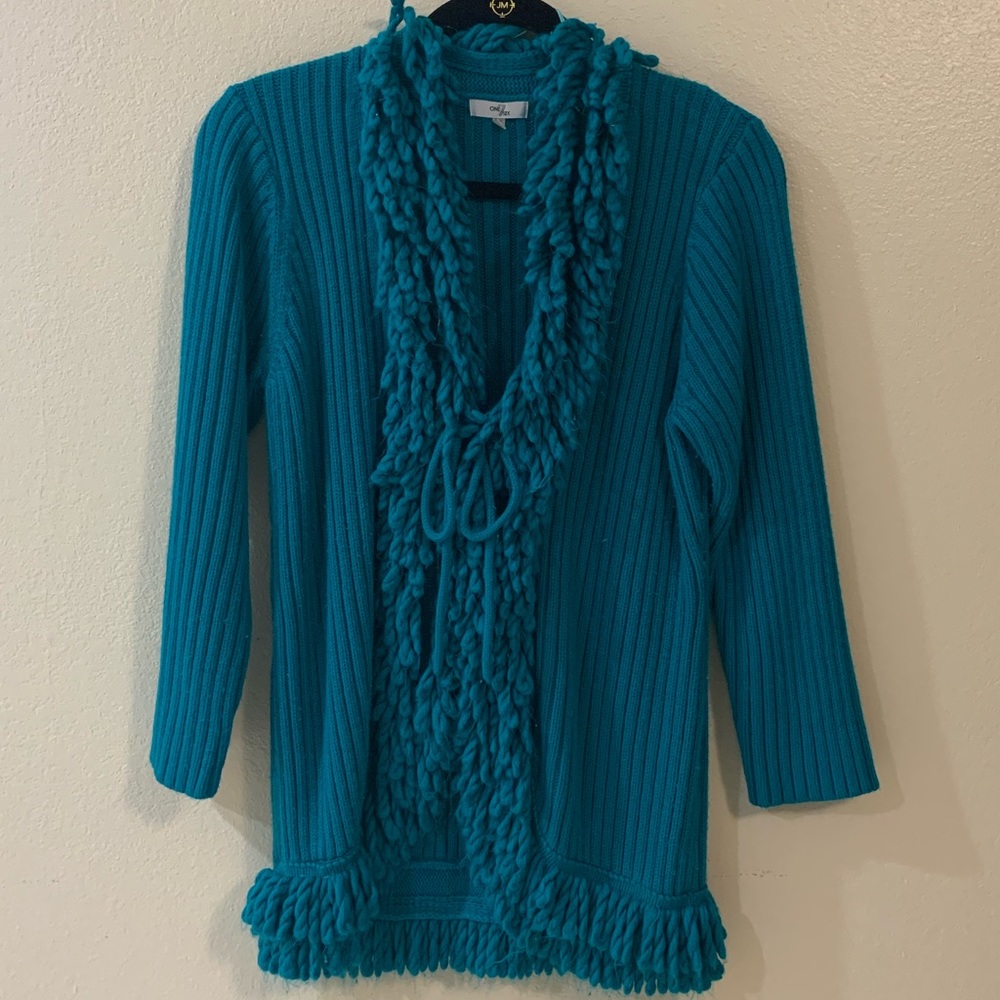 Front-tie Teal Cardigan with Fringed Trim